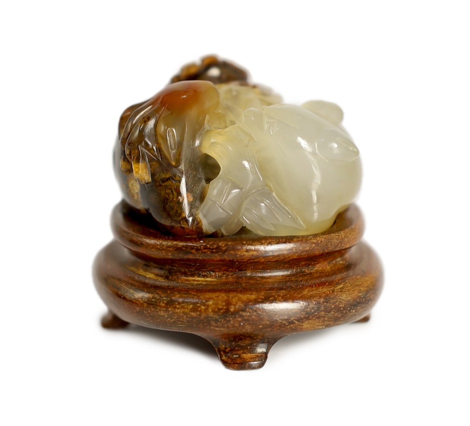 A Chinese two colour agate carving of a ram and a cat, 19th century, 4cm, wood stand